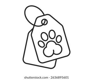 Minimalist line art illustration of two tags, one displaying a paw print, symbolizing pet care, animal adoption, or veterinary services. Modern, clean design.