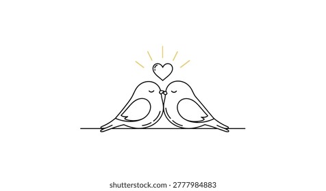 Minimalist line art illustration of two small birds perched on a single wire facing each other with a golden heart above.