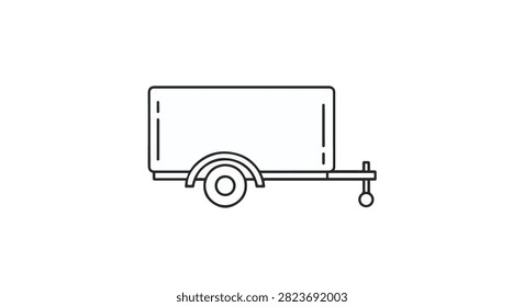 Minimalist line art illustration of a utility cargo trailer featuring a single axle, mudguard, and towing hitch, depicted in a clean vector style isolated on a plain white background.