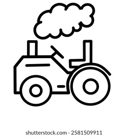 A minimalist line art illustration of a vintage steam tractor, viewed from a side angle. The tractor is depicted in a simple, clean style, with bold black lines