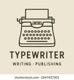 Ilustração minimalista da arte da linha de uma máquina de escrever vintage em um fundo claro, com o texto "TYPEWRITER WRITING - PUBLISHING." Ideal para temas literários, editoriais ou históricos.