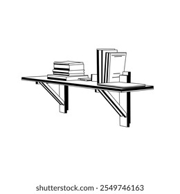 Minimalist Line Art Illustration of a Wall Table with Books on Top