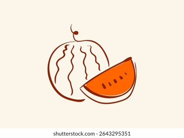 minimalist line art illustration of a whole watermelon and a slice