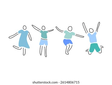 Minimalist line art illustration of a winning team jumping joyfully. Perfect for concepts like success, achievement, teamwork, and celebration