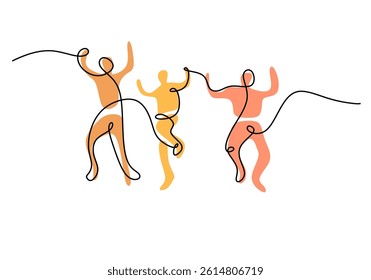 Minimalist line art illustration of a winning team jumping joyfully. Perfect for concepts like success, achievement, teamwork, and celebration