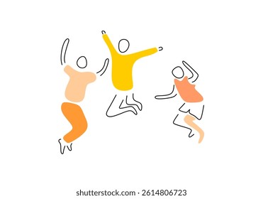 Minimalist line art illustration of a winning team jumping joyfully. Perfect for concepts like success, achievement, teamwork, and celebration