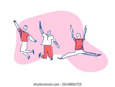 Minimalist line art illustration of a winning team jumping joyfully. Perfect for concepts like success, achievement, teamwork, and celebration