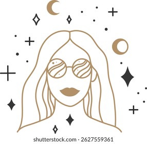 Minimalist line art illustration of a woman wearing sunglasses with celestial elements like moons, crosses, and stars surrounding her, creating a mystical and fashionable atmosphere