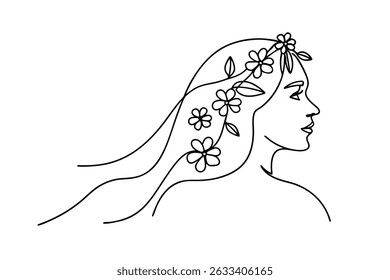 Minimalist line art illustration of a woman with flowers in her hair profile view.