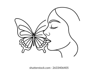 Minimalist line art illustration of a woman with a butterfly on her lips in black and white