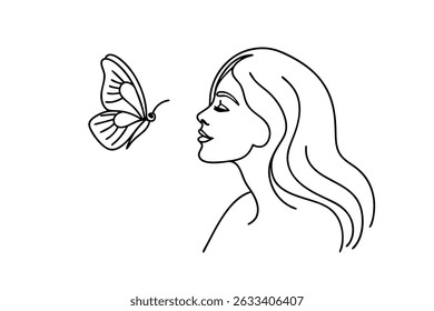 Minimalist line art illustration of a woman observing a butterfly in peaceful contemplation