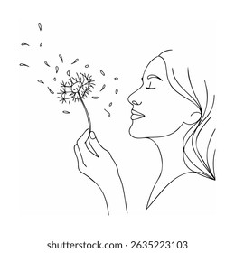 Minimalist line art illustration of a woman blowing dandelion seeds against white background