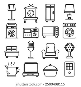 Minimalist Line Art Illustrations of Diverse Household Items Including Electronics, Furniture, and Kitchen Appliances in Black and White