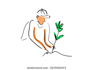 Minimalist line art illustrations of hands planting small seedlings.