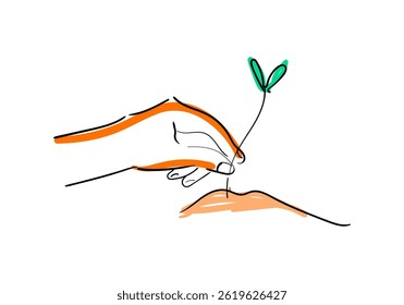 Minimalist line art illustrations of hands planting small seedlings.