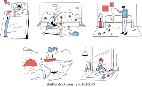 Minimalist Line Art Illustrations Mindfulness and Relaxation Activities in Daily Life Scenes