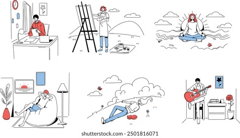 Minimalist Line Art Illustrations Mindfulness and Relaxation Activities in Daily Life Scenes