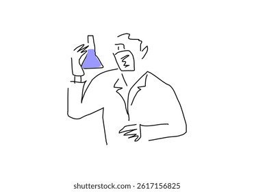 Minimalist line art illustrations of scientists and researchers working in a laboratory.
