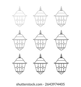 Minimalist line art illustrations of traditional Islamic lanterns for coloring book. Ramadan lantern line art, lantern outline, traditional lamp drawing, eid mubarak lantern, festive lamp icon, 