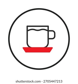 Uma imagem de arte de linha minimalista mostra um copo simples colocado em um pires, projetado em um estilo plano e fechado em um círculo. O design usa uma estética clara e moderna para evocar um senso de rotina diária