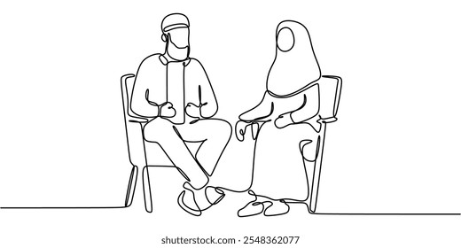 Arte minimalista em linha de um casal islâmico sentado e conversando. Representa conexão, compreensão e amor através de um estilo de linha contínua.