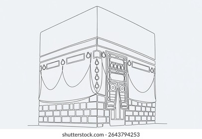 Minimalist line art of the Kaaba in Mecca, featuring clean outlines and architectural detail. A spiritual symbol in Islamic religion, ideal for educational or cultural use.
