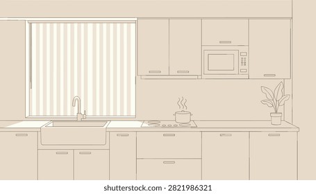 Minimalist line art kitchen design showcases sleek cabinets, a sink under a window with blinds, a stove, and modern appliances.