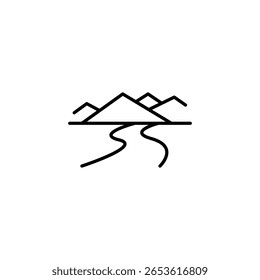 Paisaje minimalista del arte de la línea que presenta las montañas y la escena del río