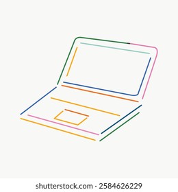 Minimalist line art of a laptop. Colorful lines form a laptop shape. Laptop illustration in simple line art. Laptop depicted with colorful lines. Simple line art vector.