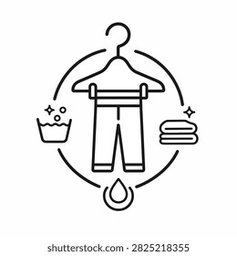 Minimalist line art of laundry process with hanger and washing symbols