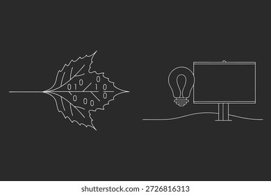 Minimalist Line Art: Leaf with Binary Code and Lightbulb Illustration