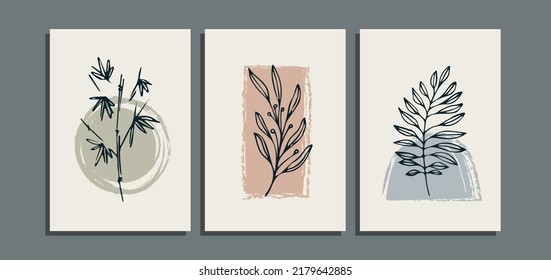 Minimalist Line Art Leaves Poster Background With Abstract Brush, Bamboo tree and Palm leaves. Set for Wall Art Decoration, Brochure, Cover Design, Postcard, Banner, Social Media And Other Media.