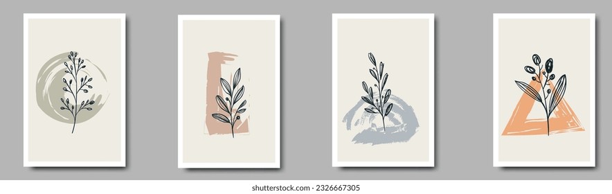 Minimalist Line Art Leaves Poster Background With Abstract Brush.