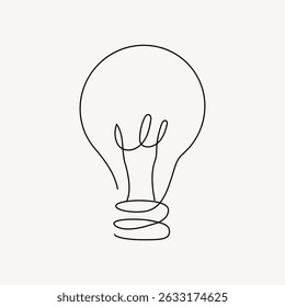 Minimalist line art of a light bulb on a plain background. Simple light bulb illustration, emphasizing clean lines and simplicity. Light bulb design for creativity. Line art illustration vector.