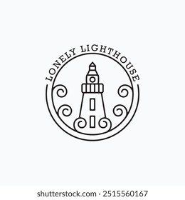 Minimalist line art lighthouse with wave logo vector illustration design. Simple lighthouse badge concept.