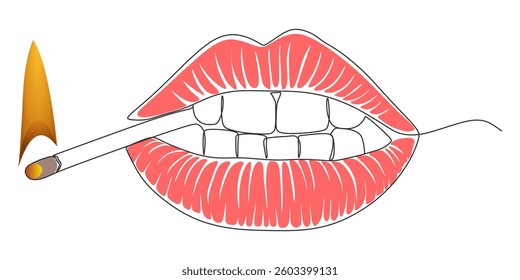 Minimalist Line Art Lips Biting Matchstick