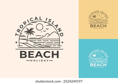 Un diseño minimalista del logotipo del arte de la línea que presenta una escena de playa de la isla tropical con palmeras, montañas y un sol.