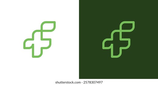 Minimalist Line Art Logo Design Concept Letter F With Medical Cross And Leaf