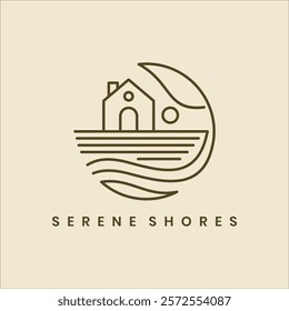 A minimalist line art logo featuring a house, leaf, and water waves. Designed with a warm, natural, and modern feel, perfect for nature-themed brands or vacation destinations