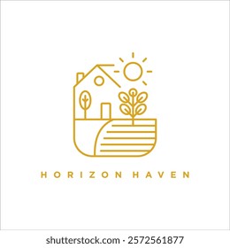 A minimalist line art logo featuring a house, a tree, and the sun, symbolizing warmth, nature, and sustainability. Perfect for real estate, eco-friendly businesses, or creative branding.