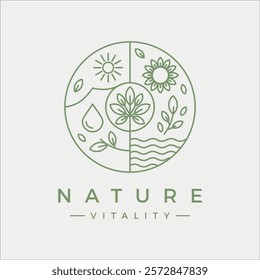 Minimalist line art logo featuring leaves, sun, flower, water, and wave lines within a circle. Perfect for eco, wellness, or organic lifestyle brands.