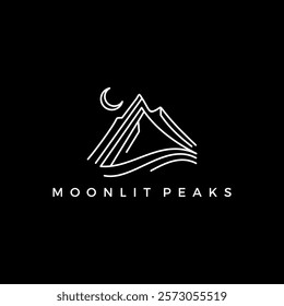 Minimalist line art logo featuring an abstract mountain and crescent moon. Perfect for branding outdoor, adventure, or creative projects. Simple, modern, and versatile for any design use.