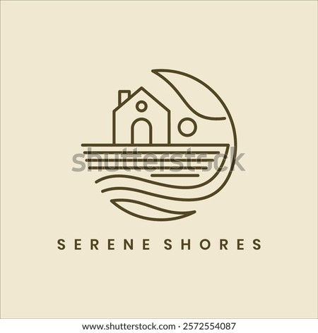 A minimalist line art logo featuring a house, leaf, and water waves. Designed with a warm, natural, and modern feel, perfect for nature-themed brands or vacation destinations