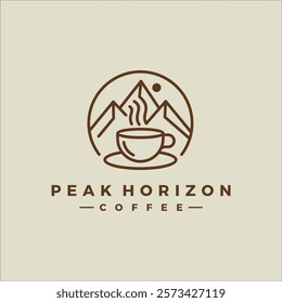 a minimalist line art logo of a mountain range paired with a steaming coffee cup. The design symbolizes adventure, warmth, and the energizing spirit of coffee.