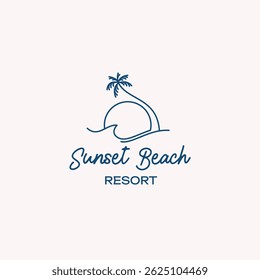 Logotipo minimalista da arte da linha da praia tropical com palmeiras e sol