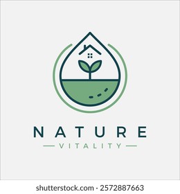 Minimalist line art logo with water drop elements containing a house, leaves, and a land line. Suitable for eco-friendly, environmental, or organic farming brands.