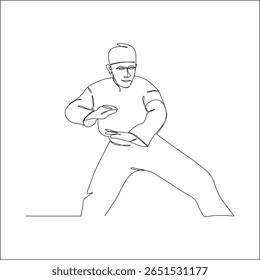 Minimalist line art of a male martial artist in a traditional stance, showcasing a defensive pose in pencak silat or similar martial arts form.