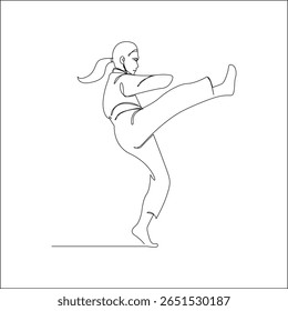 Minimalist line art of a martial artist performing a high kick, representing strength, balance, and focus in martial arts practice.