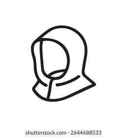 Arte minimalista em linha de um capuz medieval. Ideal para reencenações históricas fantasias de fantasia ou desenhos gráficos simples.