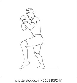 Arte minimalista de linha de um lutador de MMA em uma posição defensiva com um joelho levantado e punhos para cima, pronto para a ação em uma postura de luta.